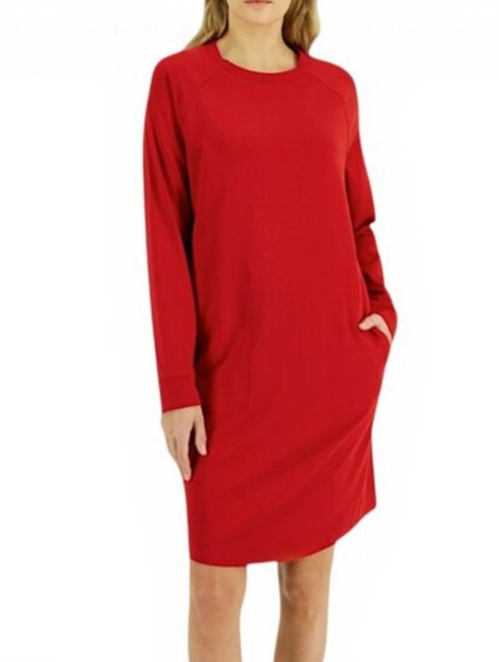 Eileen Fisher Raglan Sleeve Crew Neck Dress Cinnabar Red L Basic Lagenlook